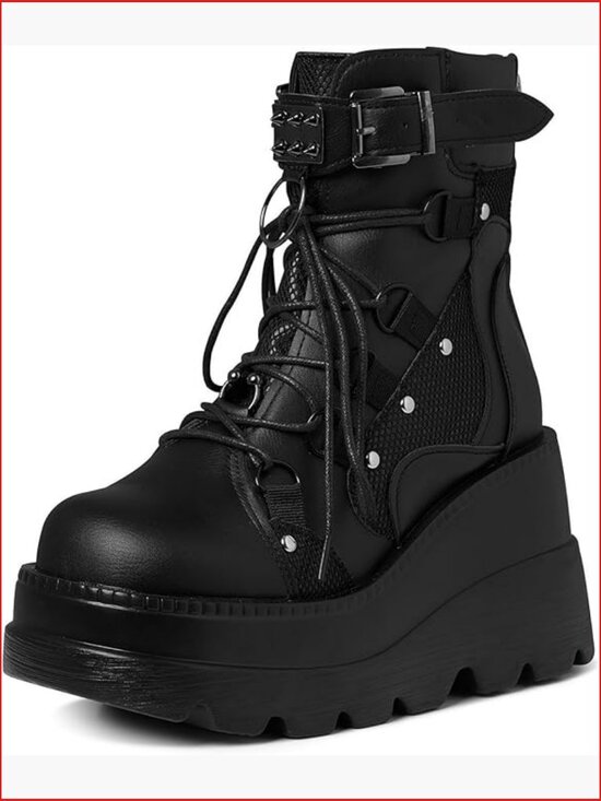Shoes - Chunky High Heel Platform Goth Ankle Boots Lace Up Wedge Booties
